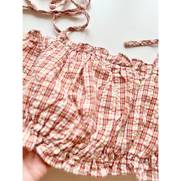 URBAN OUTFITTERS Red Check Cotton Crinkle Tie Shoulder Cropped Tank, Size S - Picture 10 of 15